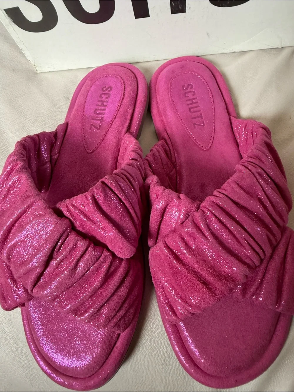 SCHUTZ Pink Fuchsia Ruched Slide Sandals